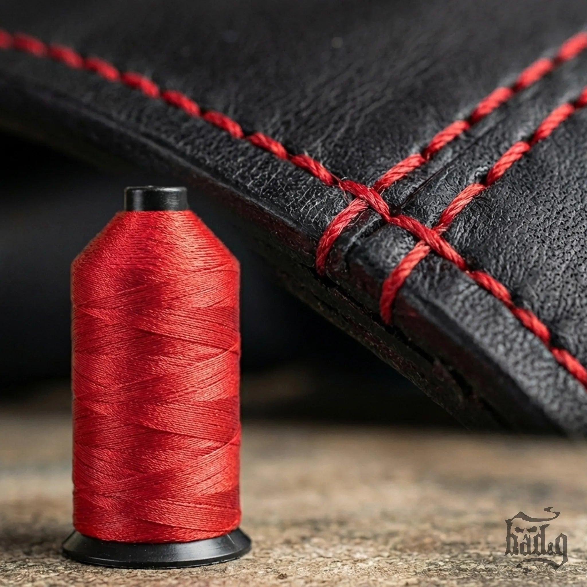 Spool of red thread next to black leather with red stitching
