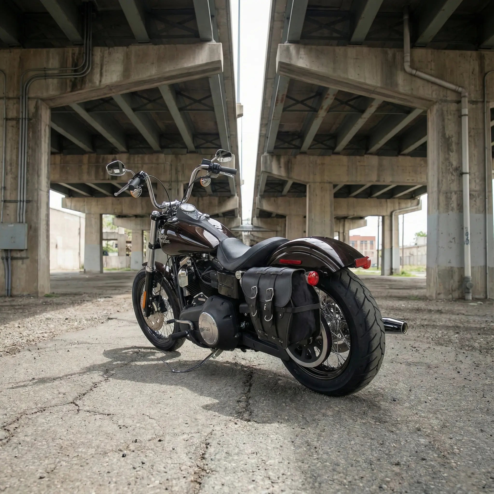 Motorcycle parked under a concrete overpass