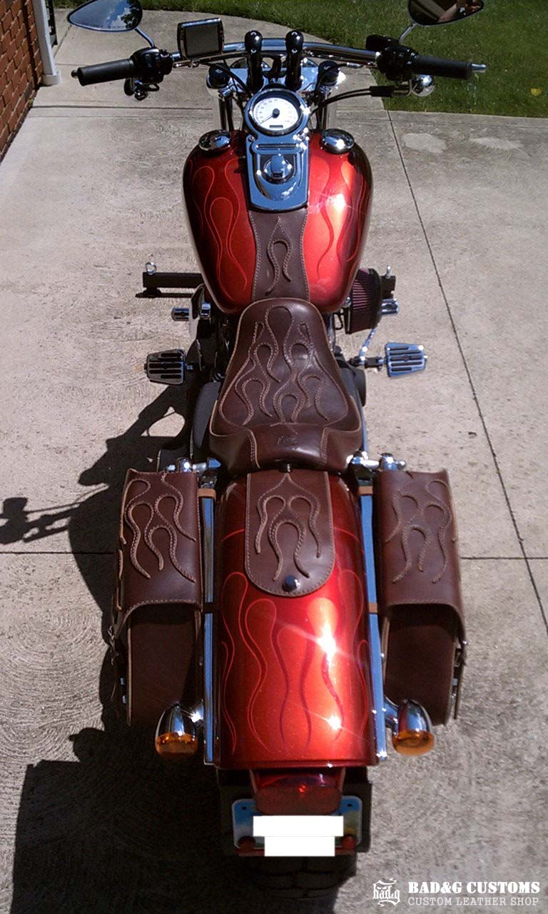 Custom Leather Flame Seat & Saddlebags Set | Harley-Davidson Dyna